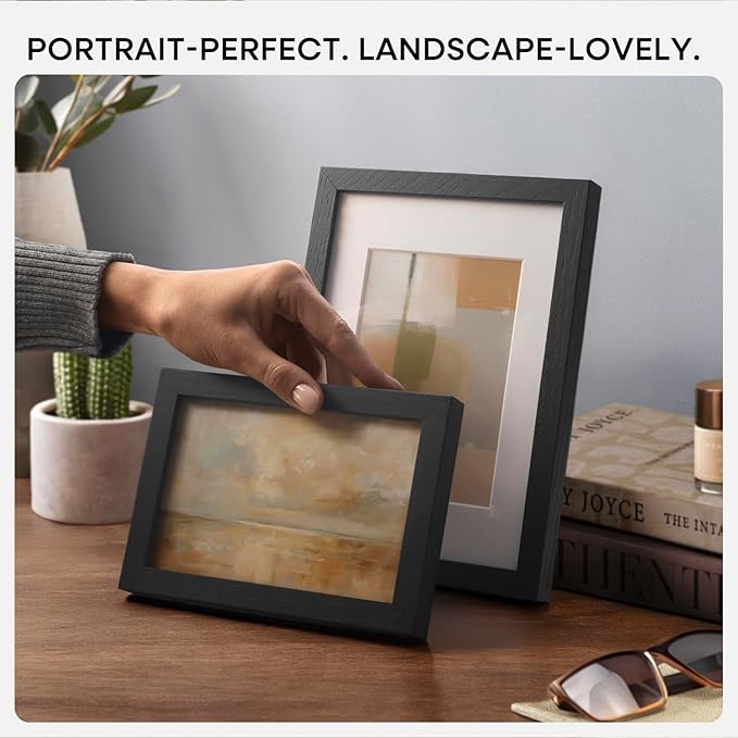 Homeforia 8x11 Black Picture Frame, High End Oak 8 x 11 Wood Frames with Mat 6 by 9 Print, 8by11 Wooden Frame Matted to 6x9 inch Photo, 11x8 Wall or Tabletop Frames, Tempered Glass, Wall Kit, Set of 1