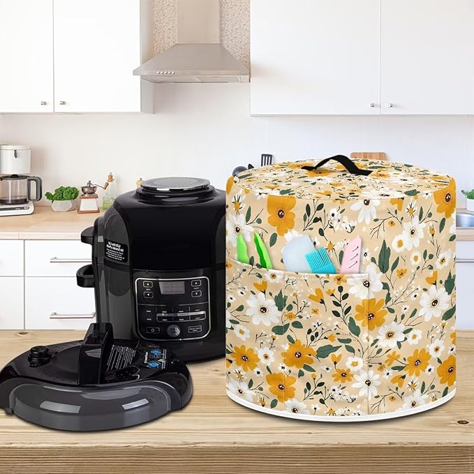 Kitchen Appliance Dust Cover for 8 Quart Pressure Cooker/Air Fryer/Rice Cooker Dust & Stains Protection Cover with Top Handle and Storage Pocket Yellow White Daisy Flowers