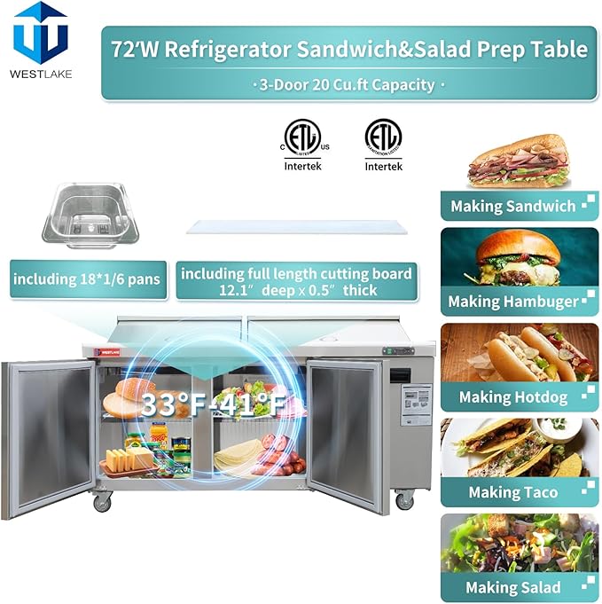 WESTLAKE 72" W 3 Door Refrigerator Sandwich&Salad Prep Table Commercial Stainless Steel Counter Fan Cooling Refrigerator with 18 pans-72 Inches for Restaurant, Bar, Shop, etc