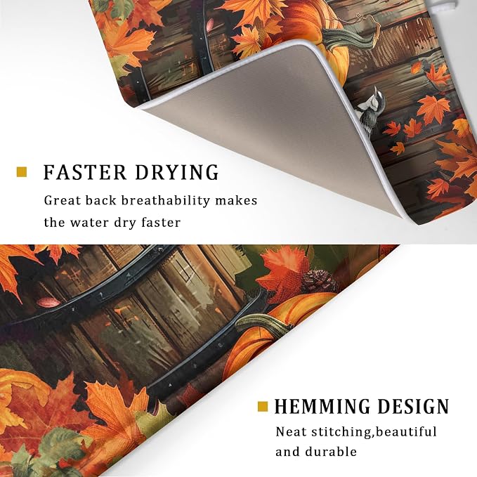 Fall Pumpkin Dish Drying Mat for Kitchen Counter 18x24 Inch Autumn Maple Leaves - Image 3