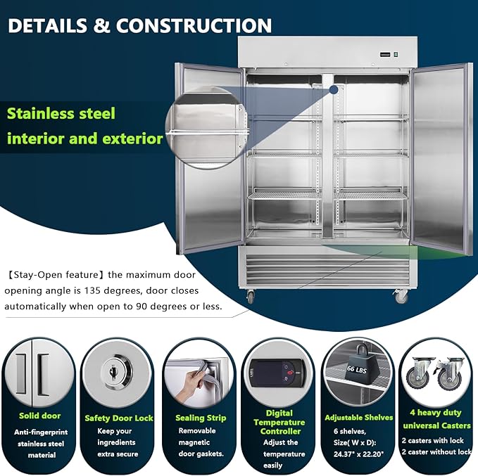 54" W Commercial Refrigerator 2 Section, 2 Solid Door Stainless Steel Reach-in Refrigerator 42.2 Cu.ft, Upright Fan Cooling for Restaurant, Bar, Shop, Home, Business, Kitchen, ETL & DOE