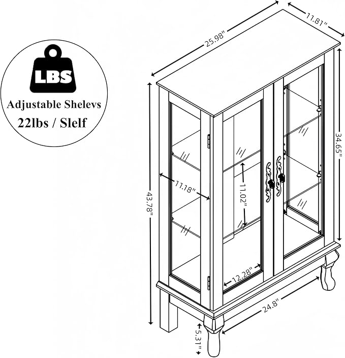 43" H Lighted Curio Cabinet Display Case, Glass Curio Cabinet with Adjustable Shelves & Tempered Glass Door, Wooden Cabinets with Mirrored Back Pane for Living Room (Light Oak)