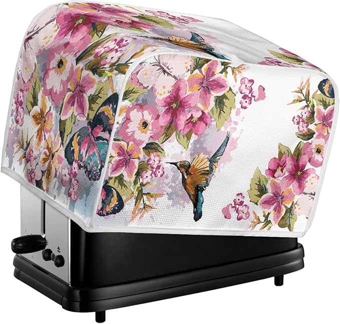 Hummingbird Flower Print Toaster 2 Slice Cover Stain Resistant Bread Maker Cover Dust Fingerprint Protection Kitchen Home Decor