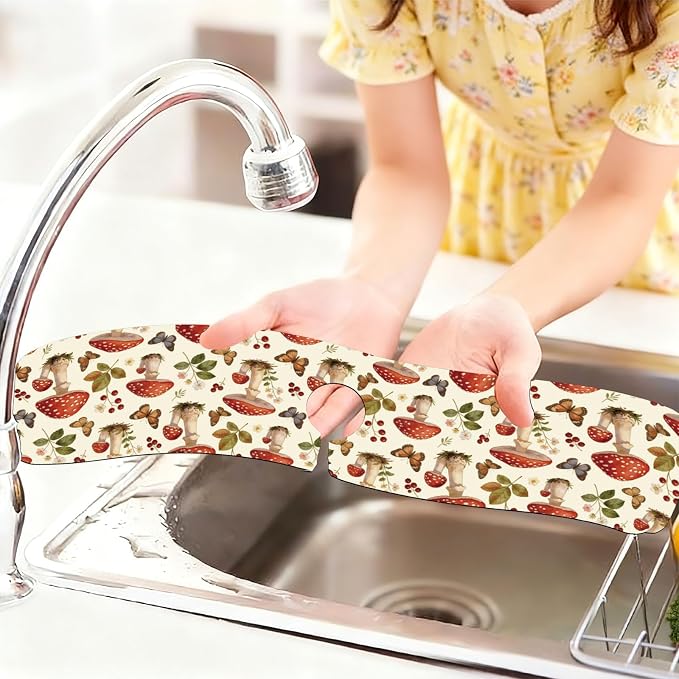 2 Pcs Plants and Mushrooms Kitchen Sink Splash Guard Faucet Mat Leaves - Image 6
