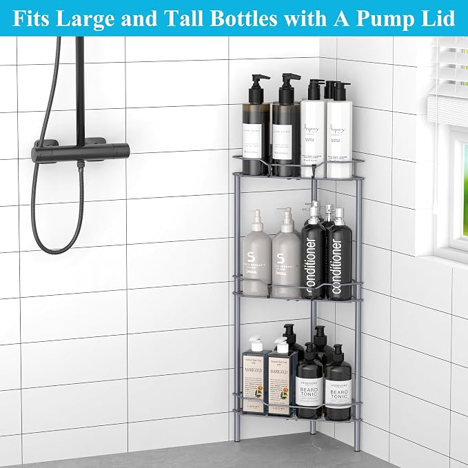 HuggieGems Metal Floor Standing Corner Shower Caddy, Dark Gray, 3 Tier - Image 7