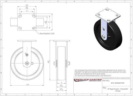 Service Caster Brand Replacement Caster for Uline Caster H-3323R - Rigid Top Plate Caster with 8 Inch Polyolefin Wheel - Heavy Duty Replacement Caster - Fits Platform, U-Boat and Panel Trucks H-1827