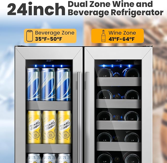 Wine and Beverage Refrigerator,24 inch Dual Zone Upgrade Compressor Wine Cooler 20 Bottle & 88 Cans,Built in or Under Counter Wine Fridge with Glass Door for Bar and Home