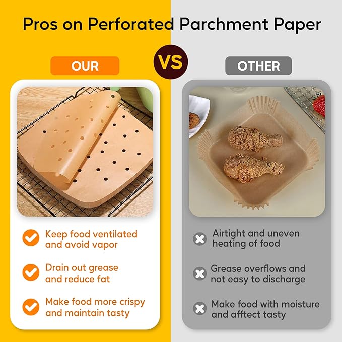 Katbite 200Pcs 6.5 inch , Unbleached Square Liners, Heavy Duty Perforated parchment paper for air fryer, Steaming Basket, Bamboo Steamer, Oven Baking