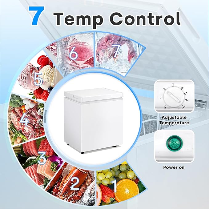 2.0 Cu.Ft Chest Freezer, Compact Chest Freezer with 7 Thermostat, Mini Deep Freezer with Removable Basket, Low Noise, Top Door Free-Standing Freezer for Home/Dorm/Office/Apartment, White