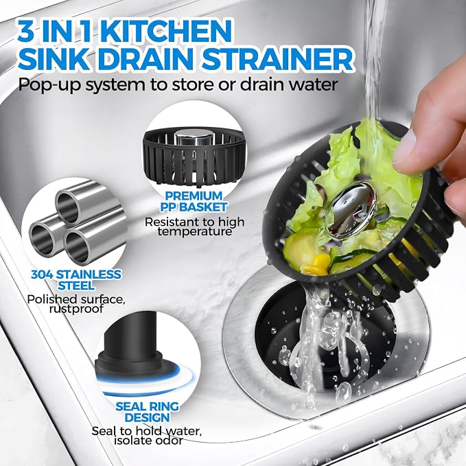 zaa 3 in 1 Kitchen Sink Drain Strainer Stopper Removable Basket Pop-Up - Image 2