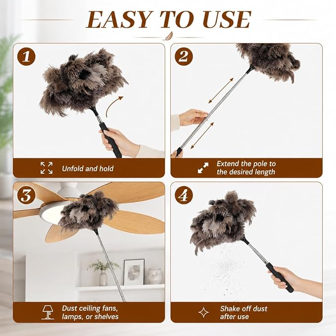 Extendable Ostrich Feather Duster 17–40 Inch, Fluffy Long Handle Reusable - Image 3