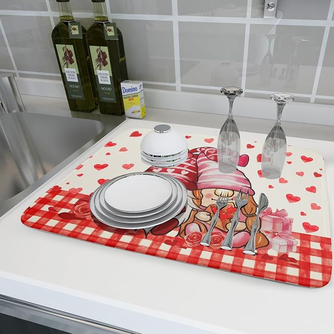 Love Gnome Dish Drying Mat 18"x24" Red Heart Microfiber Dish Drainer Rack Mat - Image 6