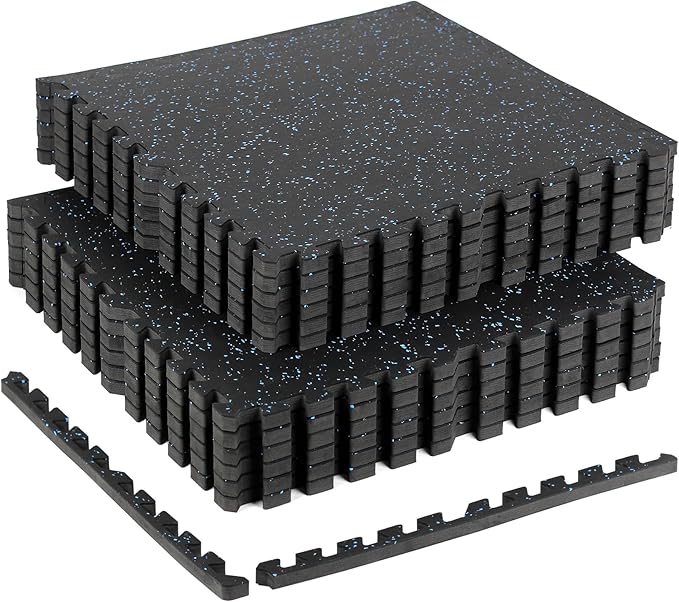 0.56in Thick 48 Sq Ft Exercise Equipment Mats, 12 Tiles Rubber Top EVA Foam Workout Mats, Interlocking Gym Flooring for Home Gym, 24 x 24in, Black & Blue