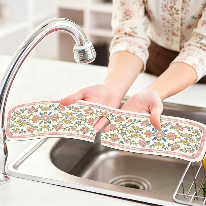 2Pcs Bohemian Floral Kitchen Sink Splash Guard Faucet Mat Vintage Pattern - Image 6