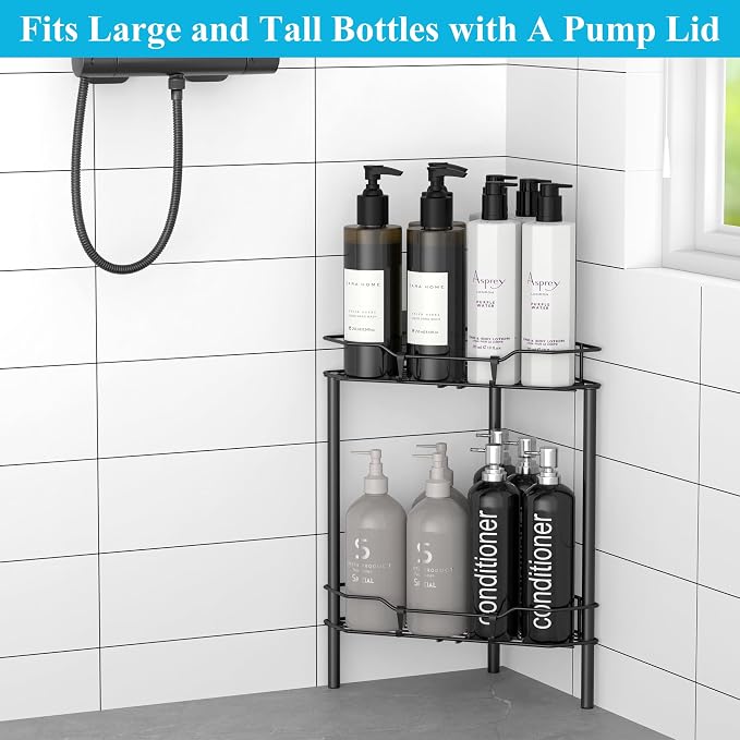 HuggieGems Metal Floor Standing Corner Shower Caddy, Matt Black, 2 Tier - Image 4