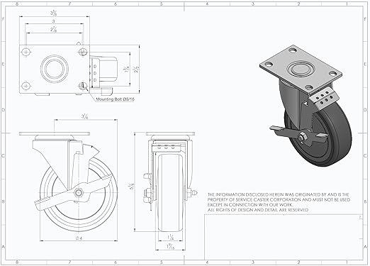 Service Caster Brand Replacement Caster for Uline Caster H-5539SWB - Swivel Top Plate Caster with 4 Inch Gray Polyurethane Wheel and Top Lock Brake - Fits Carts, Dollies and Poly Box Trucks H-1956
