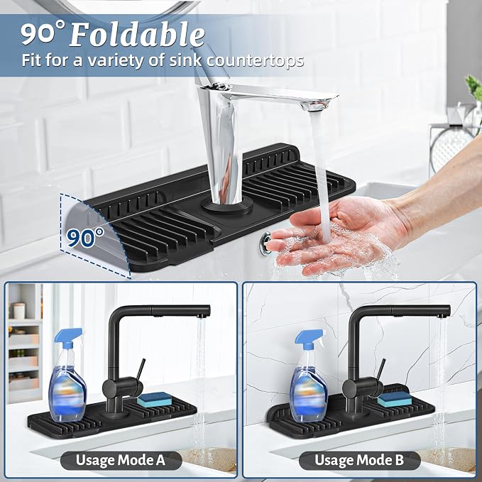 PoYang 14.6 Inch Faucet Mat for Kitchen Sink Splash Guard, Snap Button Holds It - Image 2