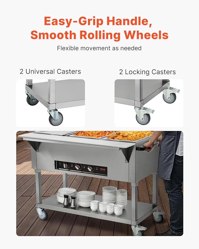 VEVOR 3-Pan Commercial Food Warmer, 3 x 20.6QT Electric Warm Table, 1500W Professional Buffet Catering Food Warmer with 4 Wheels (2 Lockable), Food Grade Stainless Steel Server for Party Restaurant
