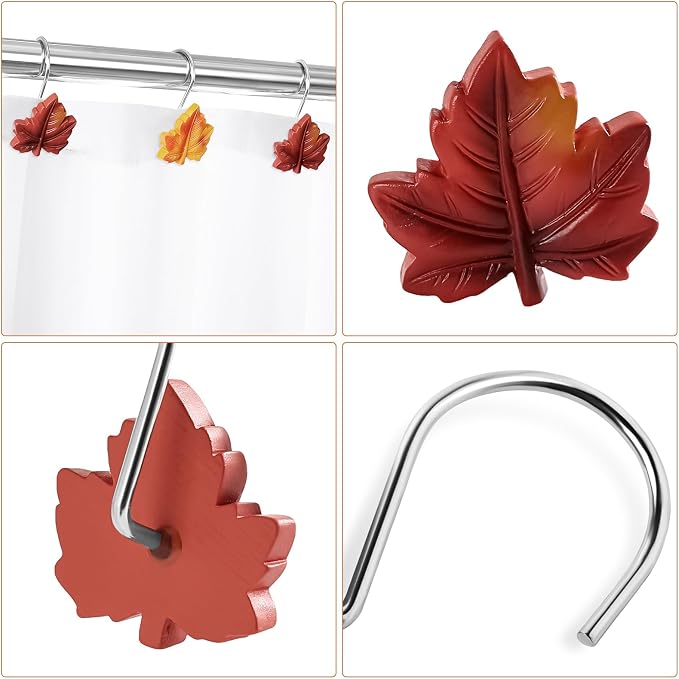 Red Plant Leaf Shower Curtain Hooks, Eucalyptus Bathroom Decor, Metal Rustproof - Image 3