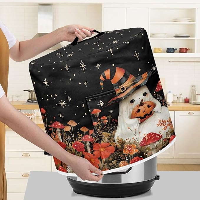 Halloween Cute Ghost Floral Pressure Cooker Dust Cover with Top Handle and Storage Pocket Kitchen Appliance Decor Air Fryer Rice Cooker Cover Machine Washable
