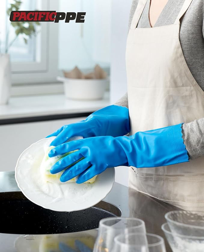 PACIFIC PPE 2 Pairs Dishwashing Gloves, Cotton Flocked Liner, Large | - Image 6