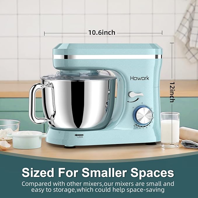 HOWORK Electric Stand Mixer,10+p Speeds Kitchen Mixer With 6.5QT Stainless Steel Bowl,Dough Hook, Wire Whip & Beater,for Most Home Cooks(Blue)