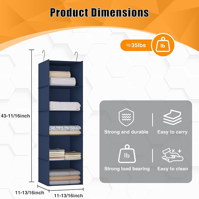 Hanging Closet Organizer 5-Shelf, Oxford Fabric Wardrobe Storage, shoes & - Image 3