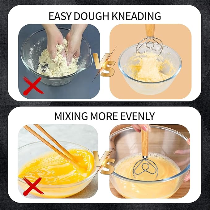 Danish Dough Whisk Stainless Steel Hook Dutch Bread Mixer for Sourdough Baking Hand Tool with Wooden Handle Making Blending Pastry Pizza Dough
