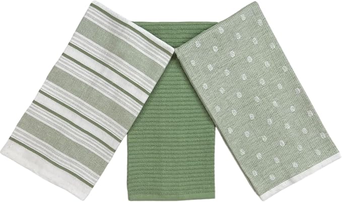 Sage Green Striped Kitchen Hand Dish Towels, 100% Cotton by SerafinaHome