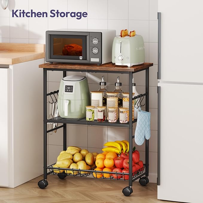 SWTYMIKI Rolling Kitchen Microwave Cart - 3 Tier Microwave Table Stand with Storage Basket and Hooks, Kitchen Utility Cart on Wheels, Coffee Cart Shelf Rack Organizer for Living Room Office, Balcony