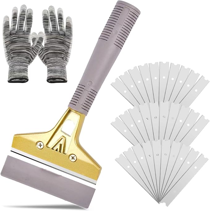 Razor Blade Scraper with 30 PCS Extra Blades and Gloves. | 4"Heavy-Duty Floor by wanguan