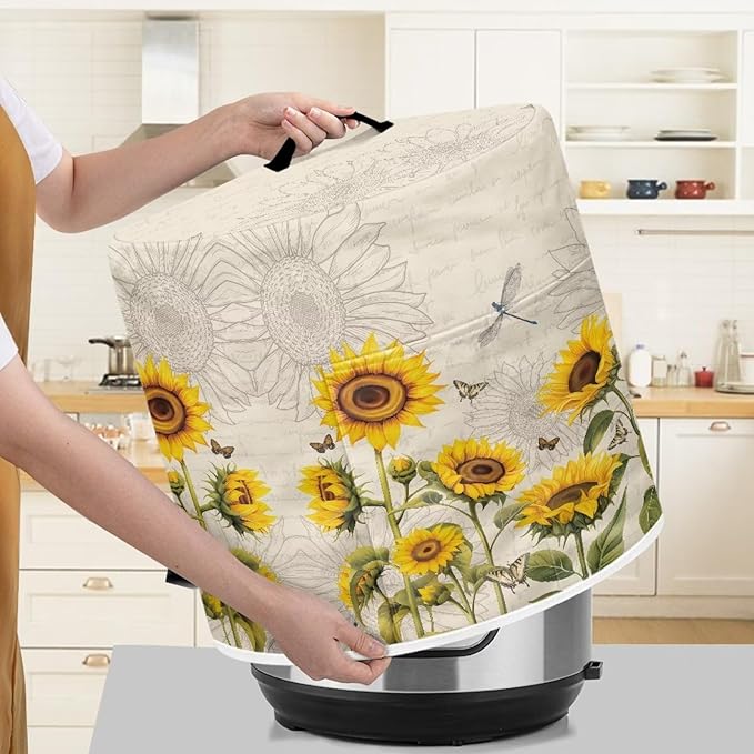 Air Fryer Pressure Cooker Dust Cover, for 6 Qt Kitchen Appliance Cover, with Top Handle and Accessories Pockets for Home Decoration, Sunflower Dragonfly Retro
