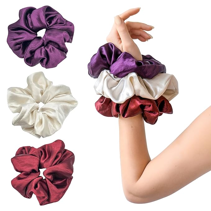 3-Pack Oversized Pearlized Satin Scrunchies for Women - Shimmer Large Scrunchies, Ivory, Purple, Burgundy