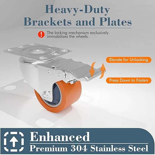 2 Inch Stainless Steel Caster Wheels with Brake,304 Rust-Proof Casters,360° Swivel,Anti-Corrosion Industrial Stainless Steel Castors for Kitchen,Labs,Restaurant,Furniture,Outdoor,Set of 4