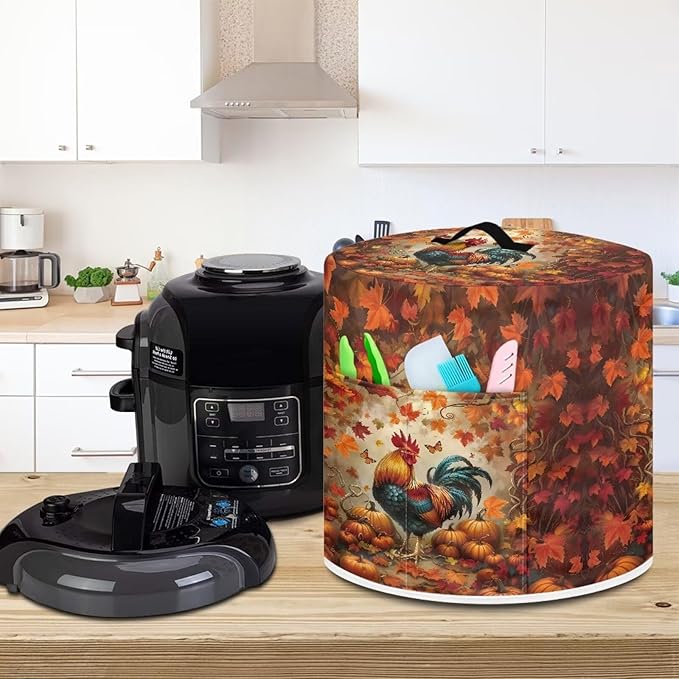 Xoenoiee Rooster Maple Leaf Kitchen Appliance Dust Cover with Pockets, Electric Pressure Cooker Cover Compatible with Crock Pot, Rice Cooker Covers Fall Decor, for 8 Qt Pot