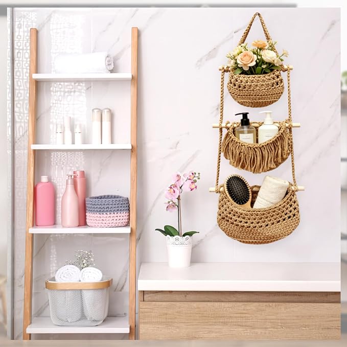 Cotton Rope Hanging Basket, 3 Tier Detachable Wall Organizer Handmade Woven - Image 4