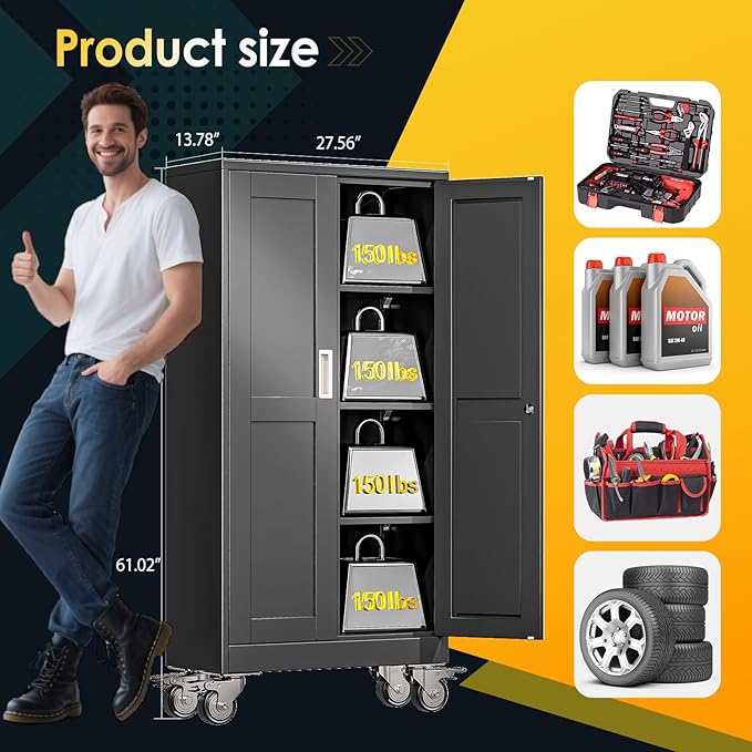 61''H Metal Garage Storage Cabinet with Wheels,Steel File Cabinets with 2 Doors and 3 Adjustable Shelves for Home Office, Warehouse, Required Assembly,Black
