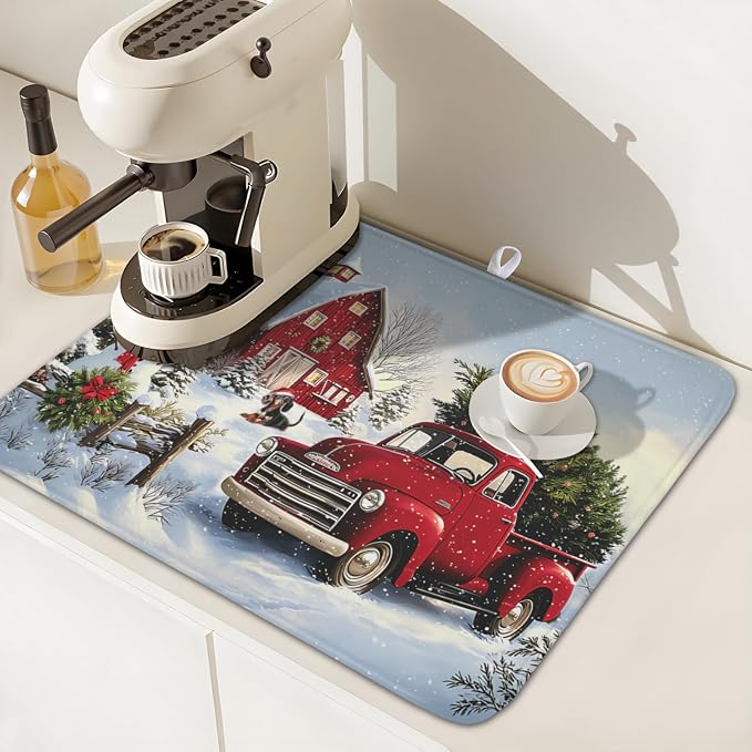 Giwawa Red Truck Dish Drying Mat Winter Xmas Tree Drainer Rack Pad 16"x18" - Image 7