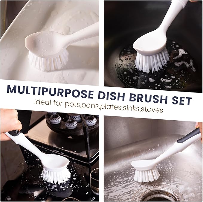 Dish Brush with Handle, Dish Scrub Brush with Built-in Scraper | Nylon Dish - Image 6