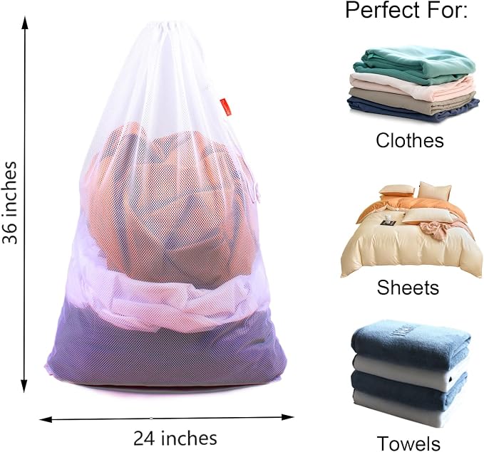 2 Pack Mesh Laundry Bags 24 x 36 Inches Drawstring Bag White - Image 2