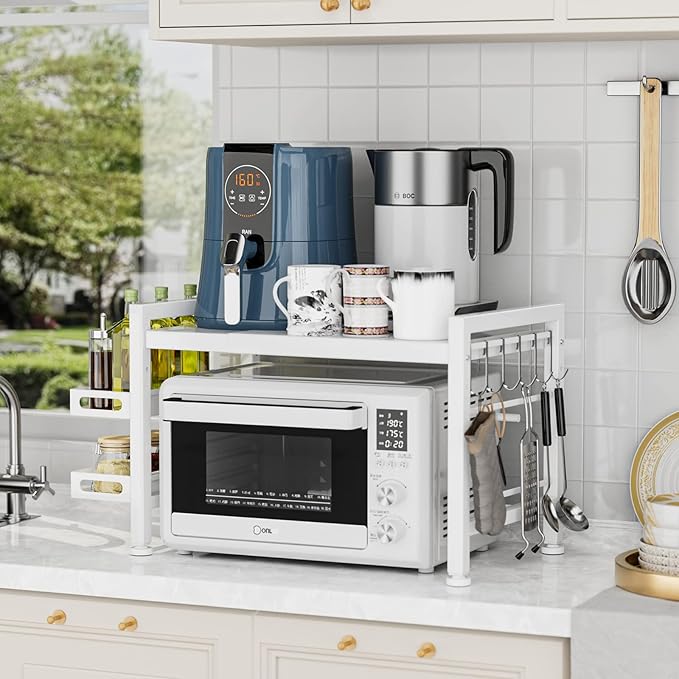 Over the Microwave Shelf - Adjustable Countertop Stand 2 Tier Rack (L15.723.6" xW12.8 xH17.7) with Spice Organizer and 6 Hooks for Kitchen White