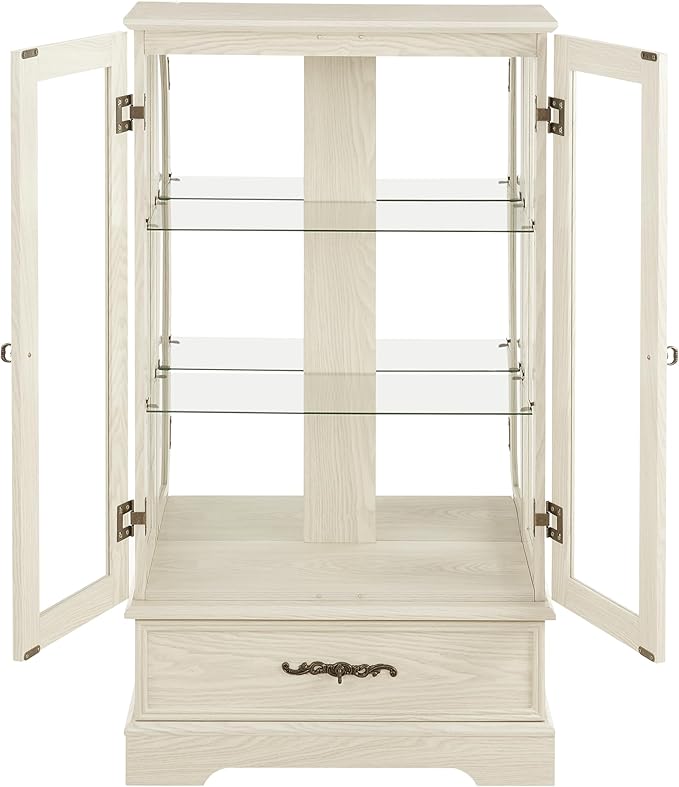 47" H Lighted Curio Cabinet Display Case, Glass Case with Adjustable Shelves,Tempered Glass Door and Drawer, Wooden Curio Cabinet with Mirrored Back Pane for Living Room (Antique White)
