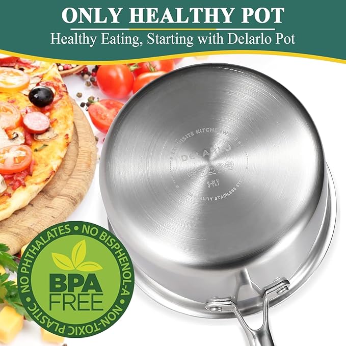DELARLO Kitchen Pot Set, Tri-Ply Stainless Steel Saucepan Set, 1.0QT 2QT 3.5QT, Cooking Set, Fast Even Heat, Saucepan set Compatible with all Cooktops 600℉（Lids 300℉）3.5QT Pot with a Steamer