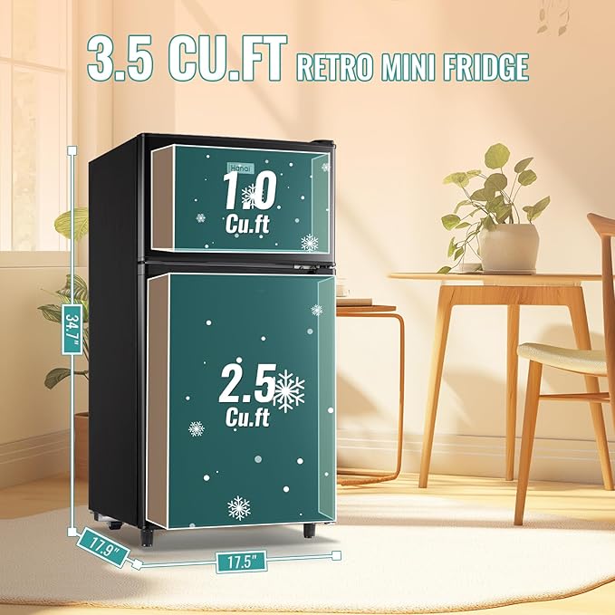WANAI 3.5 Cu.Ft Mini Fridge with Freezer, Compact Refrigerator for Office, Dorm, Apartment, 7-Level Adjustable Thermostat, 2 Removable Shelves and Bakset, Small Fridge in Black