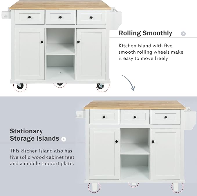Favfurish Kitchen Island with Drop-Leaf Countertop, Internal Storage Cabinet Racks, Rolling Kitchen Cart on 5 Wheels with Open Shelves and 3 Drawers, Spice Holder, for Dining Room, White
