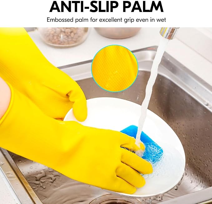 Vgo...Latex Reusable Household Gloves, Cleaning Gloves, Long Cuff | yellow - Image 3