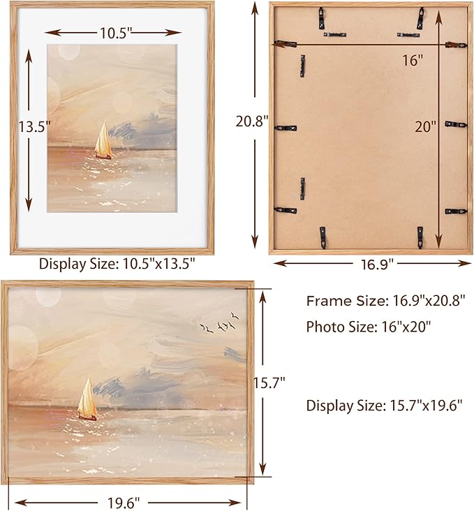 Fun Memories 16x20 Picture Frame for Wall, 16 x 20 Solid Oak Wood Frames, Tempered Glass, 16x20 Picture Frame with Mat for 11x14, 16 by 20 Wood Frames, 16 x 20 Matted Poster Frame, Natural Oak Color
