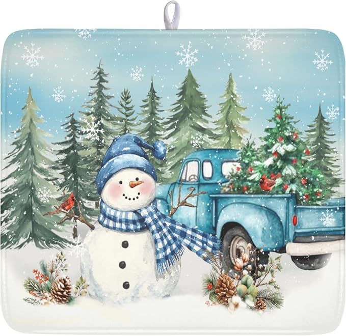 Giwawa Winter Snowman Blue Dish Drying Mat Xmas Truck Dishes Pad 16"x18" by Giwawa
