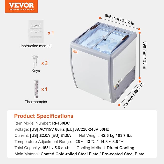 VEVOR Commercial Ice Cream Display Case, 5.6 Cu.ft Chest Freezer, Mobile Glass Top Deep Freezer, Restaurant Gelato Dipping Cabinet, 2 Sliding Glass Doors, Locking Casters, White