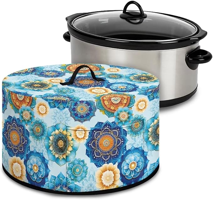 Boho Mandala Floral Blue Print Slow Cookers Dust Cover Fit Most 6/7/8 Quart Crock Pot Stain Resistant Air Fryer Cover with Accessory Pocket and Handle Washable